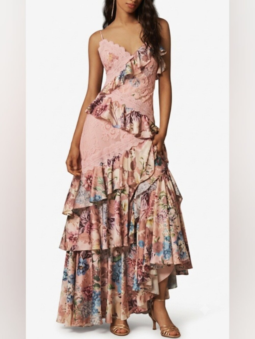BHLDN Elora Floral Ruffle Lace Maxi Gown Pink Anthropologie-  Size 4